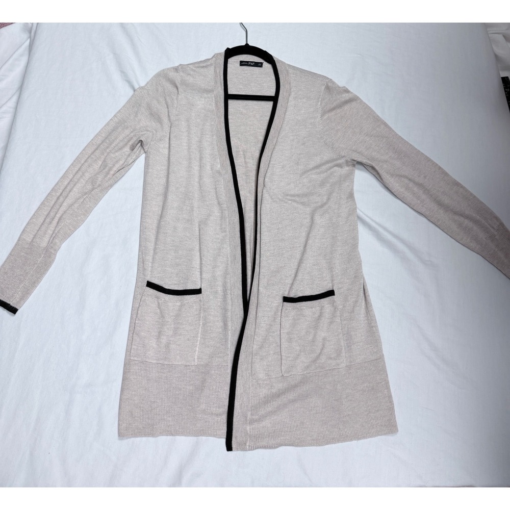 F&F Womens Oatmeal Beige Open Front Longline Cardigan Black Trim Size S